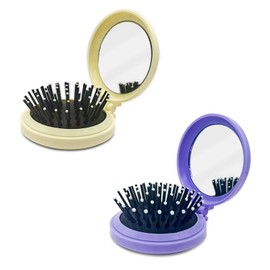 LuckyOpt 2Pcs Folding Mirror Comb Set, Round Folding Pocket Hair Brush with Mirror, Folding Mirror Hairbrush for Going Out and Travelling, Folding Travel Hair Brushes for Women (Pink+Blue)