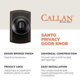 Delaney Callan Hardware Santo Privacy Door Knob, Fits Door 1-3/8 to 1-3/4 in. Thick, Edge Oil Rubbed Bronze – Reversible Left/Right-Handed Bed & Bathroom Push Button Door Knob – Easy to Install
