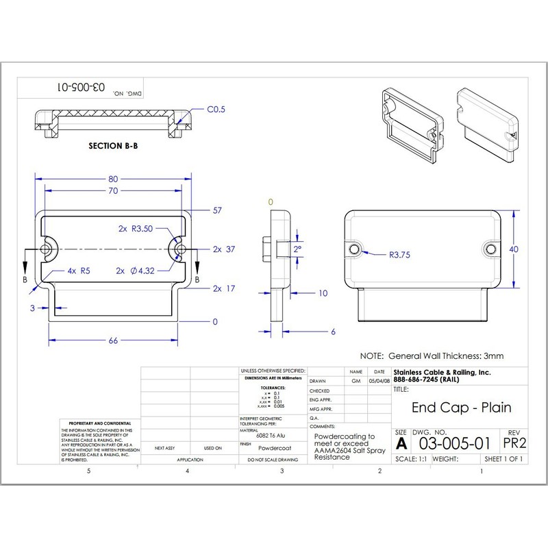 Powder Coat Aluminum Top Hand Rail Flat Rectangular Shape End
