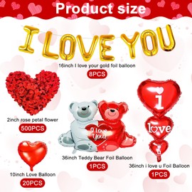 TenaLucy Valentine's Day Decoration Set, Heart Balloons, Valentine's Day Balloons with 500 Pieces Rose Petals, Red, Valentine's Day Decoration Set, for Marriage Proposal, Wedding Anniversary