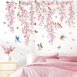 wondever Cherry Blossom Flower Vine Wall Stickers Pink Hanging Floral Tree Branch Birds Peel and Stick Wall Art Decals for Bedroom Living Room Sofa