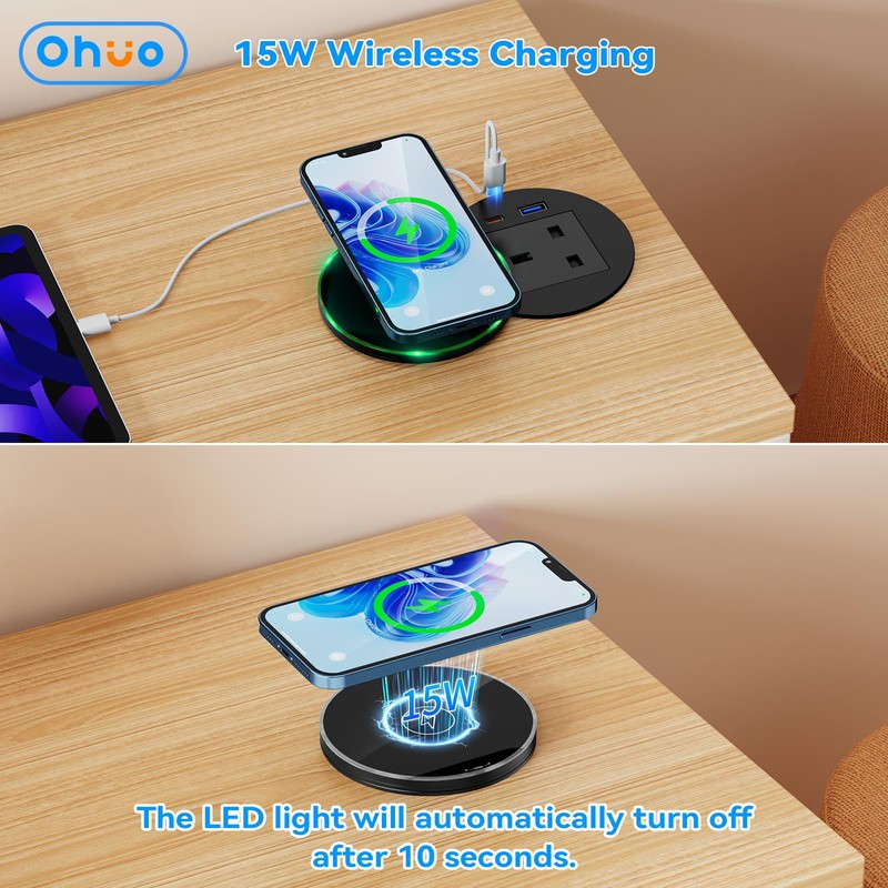 Ohuo Recessed Power Socket with 15W Wireless Charger, Desk Grommet