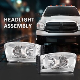CHEDA Headlights Assembly w/Light Bar Compatible with Dodge Ram 1500 2006-2008/Fit Dodge Ram 2500 3500 2006-2009 Driver & Passenger Side Headlamps Clear Lens Chrome Housing Clear Reflector