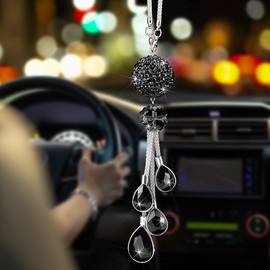OTOSTAR Bling Crystal Ball and Drops Hanging Accessories, Rear View Mirror Pendant Charms Interior Sun Catcher Ornament, Car Accessories for Women Girls (Black)