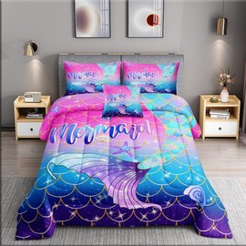 ROWADALO 6 Pieces Mermaid Scale Glitter Comforter Set Fish Scale Shell Starfish Girls Bedding Set,Gradient Blue Pink Purple Mermaid Tail Bed In A Bag Queen Size Complete Set for Girls Bedroom,MRY501-Q