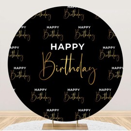 DORCEV Black Gold Happy Birthday Round Backdrop Cover 6.5x6.5ft Adults Men Birthday Party Photography Background Step and Repeat Happy Birthday Circle Backdrop Cover Luxury Birthday Decor Studio Props