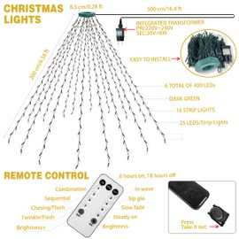 Fnwsja Fairy Lights Christmas Tree 400 LEDs Fairy Lights Remote Control with 16 Branches 2 Metre Light Strips for 1 m - 2.4 m Christmas Tree Decoration Garden Home Party (Colourful)