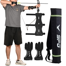 FENJANER Archery Finger Tab Gloves Arm Guard Adjustable Strap Wrist Guard Arrow Bag Hip Arrow Quiver for Hunting Target Accessories (1 X Arm Guard and 1 X Arrow Quiver and 2 X Archery Gloves)