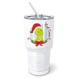 PixiDoodle Green T Rex Christmas Tumbler with Spill-Resistant Slider Lid and Silicone Straw - Dinosaur Kids Christmas Hot Cocoa (30 oz Tumbler, White)