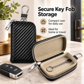 Car Key Fob Faraday Pouch – Signal-Blocking Case with PU Leather Exterior, Zipper Closure and Keychain Clip for Everyday Storage