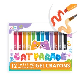 Ooly Cat Parade Gel Crayons for Kids and Adults - Set of 12 Rainbow Color Crayons for Glass and Paper Surfaces with Cat-Shaped, Twist-Up Caps - Smooth Gliding Gel Crayon Set, Back to School Supplies