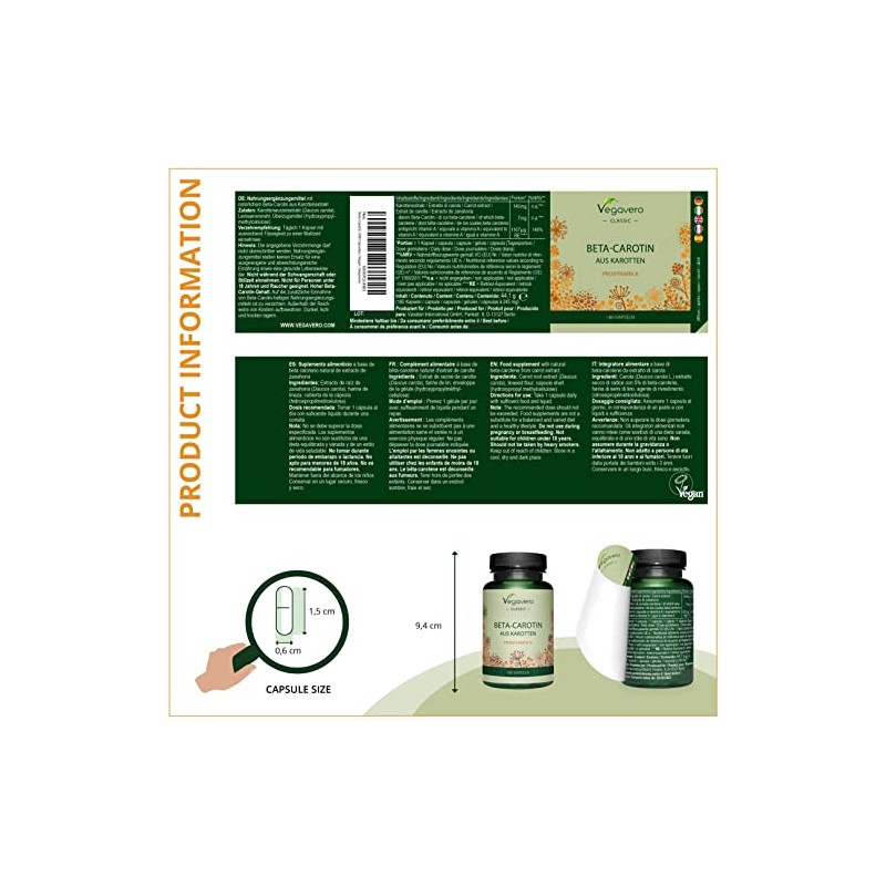 Beta Carotene Vegavero® | 180 Capsules | Tan Accelerator |