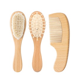 Bloomlet Baby Wooden Baby Brush and Comb Set 3-Piece Beech Wood Flat Comb, Basswood Brushes with Soft Wool Bristles & Bamboo-Air Cushion Comb - Gentle Ideal Baby Gift