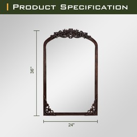 NicBex 36" x 24" Arched Vintage Wall-Mounted Mirror Carved Mirror Vanity Mirror Dressing Mirror Solid Wood Frame Wall Mirror for Bedroom Bathroom Entryways Living Room, Charcoal Brown