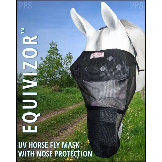 EquiVizor 95% UV Eye Protection Horse Fly Mask with Nose - Insects, Dust, Debris. Helps with Uveitis, Corneal Ulcer, Cataract, Light Sensitive, Cancer. Designed to Stay On Your Horse, Off The Ground!