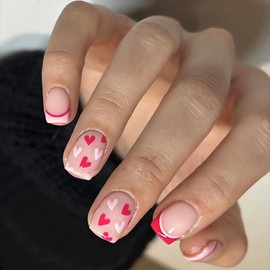 LPOODDNU Valentine’s Press on Nails Short, Square Shape Heart Fake Nails Glossy Pink Red Full Cover Small Hearts Glue on Nails French Acrylic Nails Press ons Valentine’s Day Stick on Nails for Women