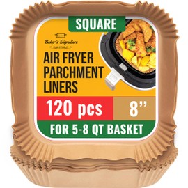 Air Fryer Liners, 120Pcs Disposable Parchment Paper Liners – Non-Stick and Oil Proof for Easy Cleanup – 8” Square for 5-8 qt Basket by Baker's Signature
