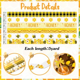ABTOLS 6 Rolls 30 Yards Bumble Bee Ribbons Flower Ribbons Honey Decorative Grosgrain Ribbons Black Yellow Buffalo Plaid 3/8" Ribbons for Spring Gift Wrapping Crafts Bee Holiday Party