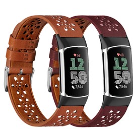 Dailatu 2 Pack Leather Band Compatible with Fit Bit Charge 5 for Men Women，Soft Breathe Skeletonized Leather Wristband Replacement for Fit Bit Charge 5