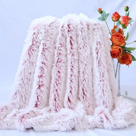 Plush Super Soft Blanket Bedding Sofa Cover Furry Fuzzy Fur Warm Throw Qulit Cozy Couch Blanket for Winter (51"x63",Wine Red and White)