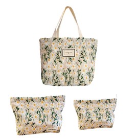 CECKQUE Aesthetic Simple Cotton Daisy Floral Makeup Pouch for Purse, Cute Clutch Fabric Flowers Small Cosmetic Pouch Bag Set of 3 for Women (Beige/Yellow)