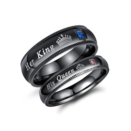 MONIYA Set of 2 His Queen Her King Rings Stainless Steel Wedding Engagement Band Matching Promise Rings For Couple Anniversary Jewelry (Black, Men 10 &Women 7)