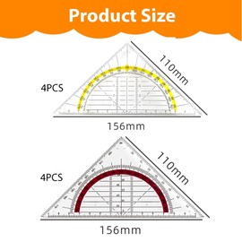 Set of 8 Geometry Triangle Ruler Set, 15.5 cm Set Square, Transparent Set Square, Set Square Made of Plastic, Drawing Triangle, Protractor Set, Suitable for Students, Office, Designers, Painting
