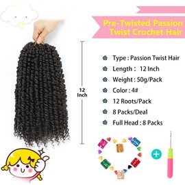 Fulcrum Passion Twist Hair 12 Inch, 8 Packs Passion Twist Crochet Hair for Black Women, Prelooped Crochet Twist Hair with Curly Ends (12Inch, 4#)