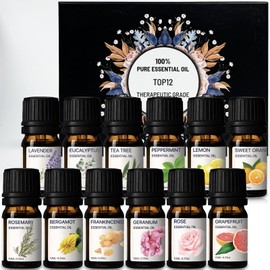 Essential Oils 100% Pure Oils kit- Top 12 Aromatherapy Oils Gift Set-12Pack, 10ML(Eucalyptus, Lavender, Lemon Grass, Orange, Peppermint, Tea Tree，Rosemary，Grapefruit, Frankincense）