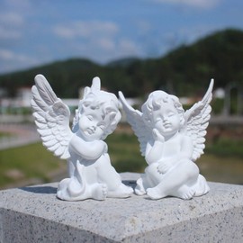 OwMell Set of 2 Cherubs Angels Resin Statue Figurine, Indoor Home Decoration, Adorable Angel Sculpture Memorial Statue 4" - White