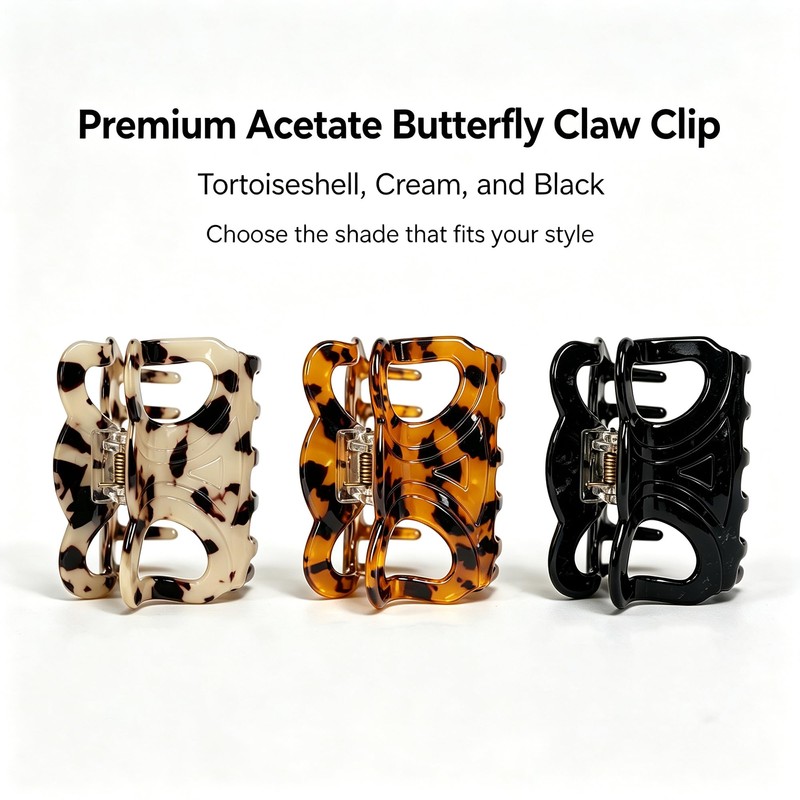 3 PCS Premium Acetate Butterfly Hair Claw Clip, Medium Hair