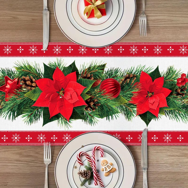 Christmas Table Runner Safflower, Red Linen Table Runner Tablecloth with