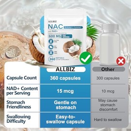 ALLBIZ NAC 600 mg con aceite NAD+ y MCT, 360 cápsulas blandas para mujeres y hombres - Suplemento de N-acetil cisteína con aceite de coco para apoyo a