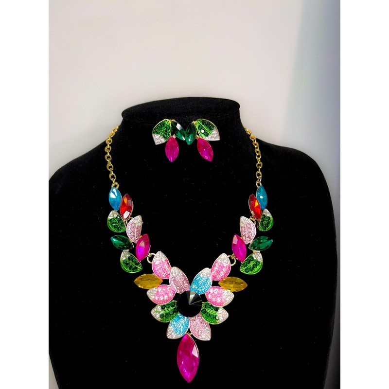 MMonesu Women Jewelry Set Rhinestone Colorful Crystal leaf shape Statement