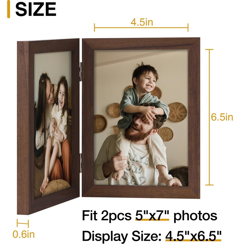 decorUhome Double 5x7 Picture Frame Vertical, Engineered Wood Bifold Photo