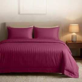 Casabella Satin Stripe Duvet Cover Sets, Luxurious Double Bedding with Stripes, Double Duvet Cover Set, Hotel Quality Double Duvet Set & Pillowcases, Burgandy Satin Stripe Double Duvet Cover