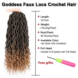 6Packs 18" Goddess Faux Locs Crochet Braids Curly Ends Wavy Synthetic Xtrend Hair Extensions Dreadlock Kanekalon Braiding Hair Color T27