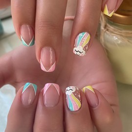 Easter Press on Nails Short Square Petite French Tip Fake Nails Nude Full Cover Bunny Rainbow False Nails with Designs Glossy Glue on Nails Cute Acrylic Nails Artificial Nails for Women Girls 24Pcs