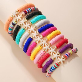 HYHONEY 12pcs Friendship Bracelets Beaded Bracelets Heishi Bracelet Cute Bracelets Stack Vinyl Clay Disc Bead Surfer Stretch Summer Beach Bracelets For Women Preppy Bracelets
