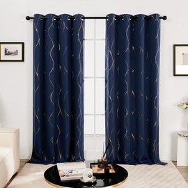Deconovo Gold Wave Print Blackout Curtains for Bedroom, Thermal Insulated Curtains for Living Room, Room Darkening Drapes (Navy Blue/Wave, 52x96 Inch, 2 Panels)