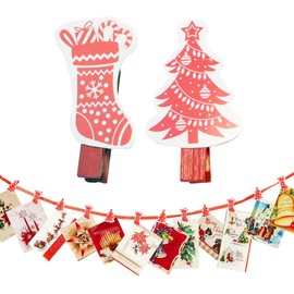 Christmas Card Holder 18 Novelty Pegs and Red Ribbon - Tree/Stocking 7183