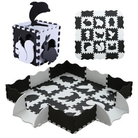 Foam Play Mat for Kids，25Pcs Square Interlocking Puzzle Floor Mat，Baby Play Mat Floor Mat Foam Puzzle Playmat for Toddlers with Fence - Black Animals