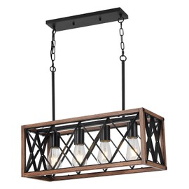 KEESFU 4-Light Farmhouse Linear Chandelier for Dining Room,Adjustable Rustic Pendant Light with Wood Grain Finish for Kitchen Island & Dining Table,Farmhouse Kitchen Lighting fixtures Ceiling.