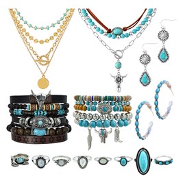 Dormklss Western Cowgirl Jewelry Set for Women Cowgirl Accessories Country Jewelry Vintage Turquoise Drop Earrings Layered Beaded Western Necklaces Bracelet Rings