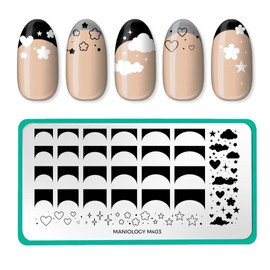 Maniology French Cloudscape Nail Stamping Plate, Kawaii Clouds French Tip Design DIY Manicure