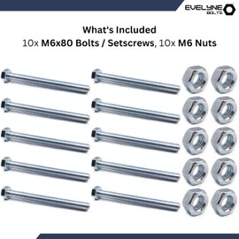 M6 Nuts & Bolt 10 Pack (M6 x 80mm Bolts & M6 Nuts) Hex Bolt/Setscrew Fully Threaded