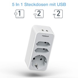 TESSAN Doppelstecker für Steckdose, 5 in 1 Mehrfachstecker für Steckdose, Steckdosenadapter 3Fach mit 2 USB Steckdose, dreifachsteckdose für doppelsteckdose mit USB Stecker, Grau, für Schulanfang