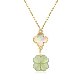 LOOYUUPEE Green Natural Jade Necklace, Four Leaf Clover Jade Pendant for Women, Jade Jewelry for Women Lucky Gifts for Girls Women (925 Sterling Silver with Gold Plated)