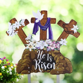 Memorywuu Easter Outside Decorations for Yard He Is Risen Yard Sign Metal Religious Cross Sign Easter Lawn Stake for Holiday Outdoor Garden Party Home Decor