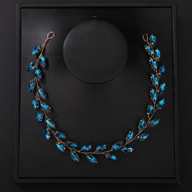 Teyglen Bride Wedding Crystal Hair Vine Full Blue Crystal Headband Bridal Hair Accessories Wedding Headpiece Handmade Rhinestone Hair Piece Headband for Women Girls (Peacock Blue)